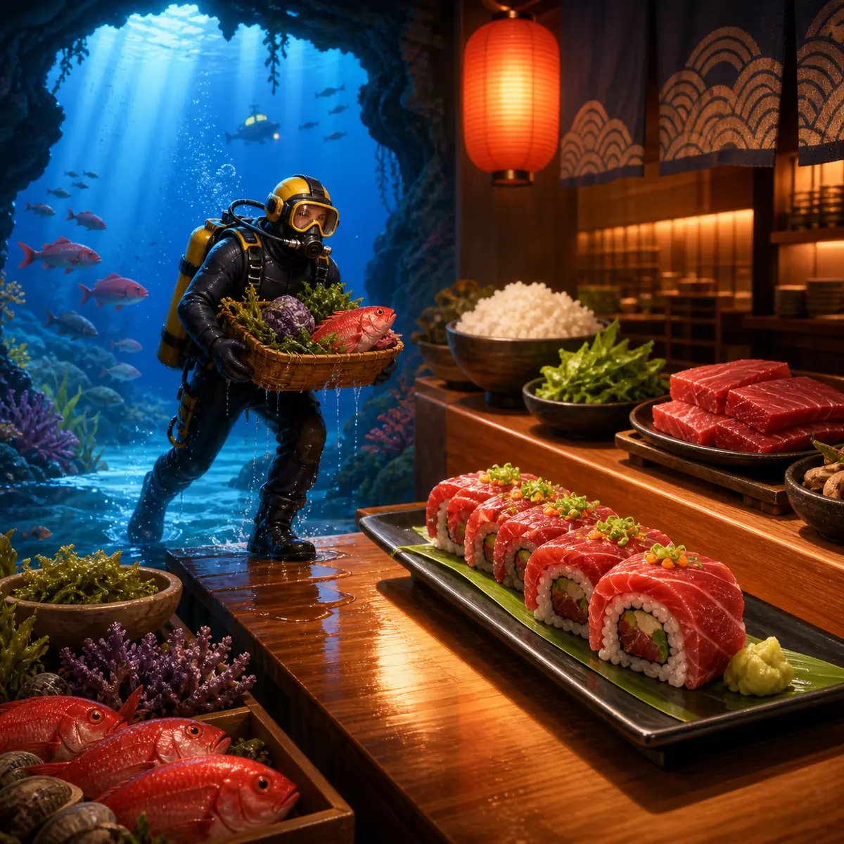 블루홀 재료가 반쵸스시의 Crimson Fish Roll 메뉴로 이어지는 편집 일러스트