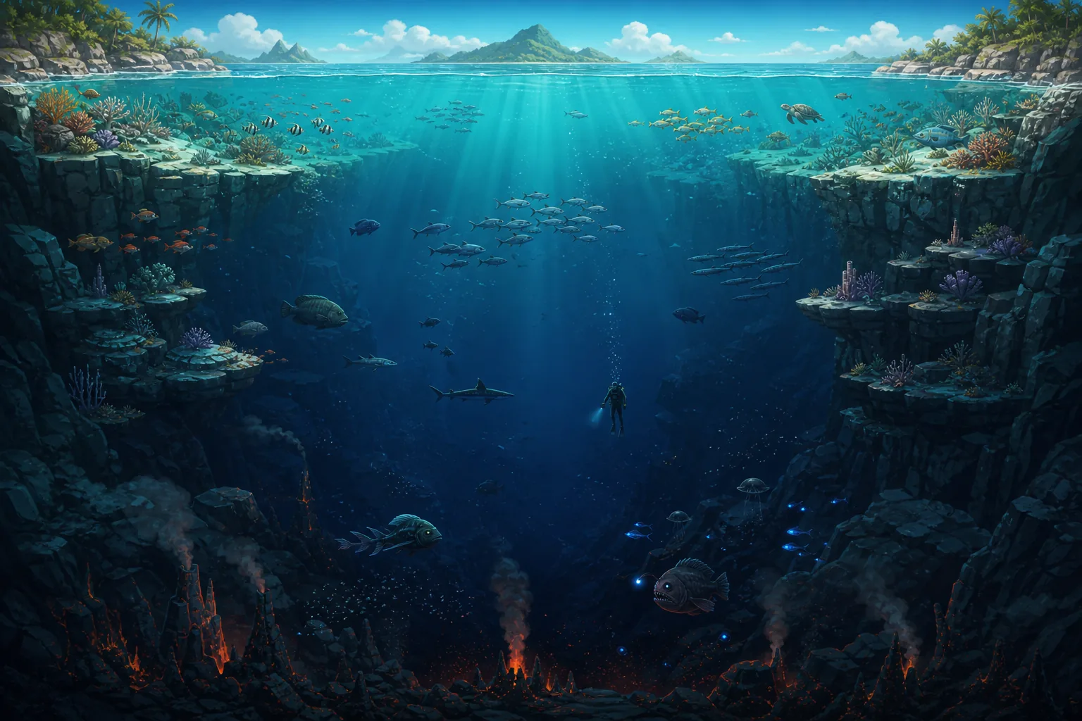 Editorial illustration of fish across Blue Hole depth zones