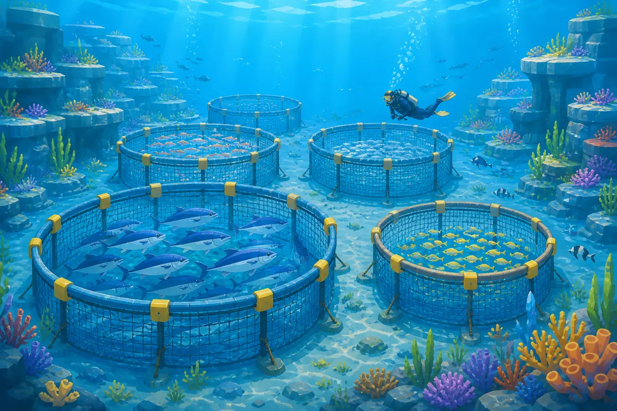 Dave the Diverの魚の養殖場を説明する海中の囲いのコンセプトイラスト