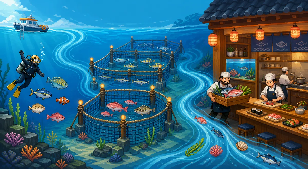 Editorial concept diagram showing diving, the fish farm, and Bancho Sushi menu supply